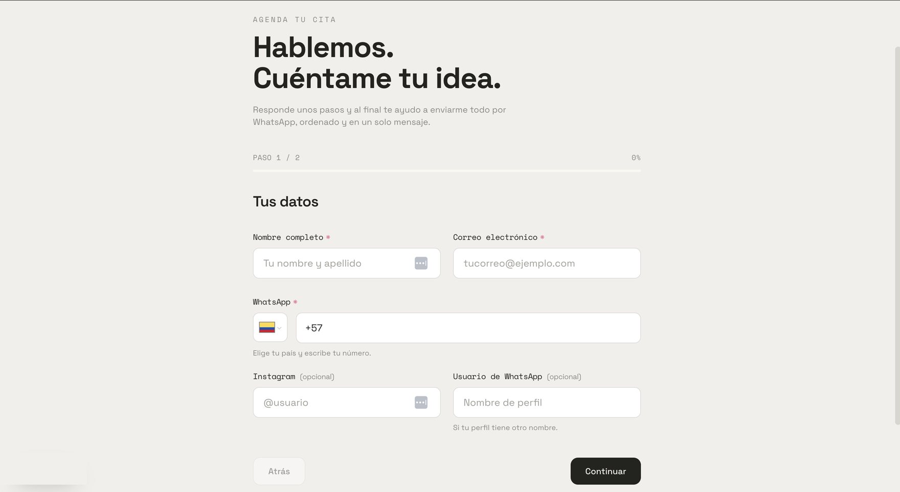 Los datos de contacto, en el primer paso